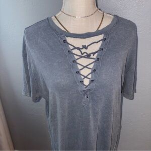 We The Free Lace-Up Washed Blue/Gray Tee